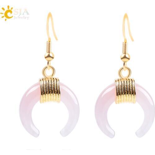 CSJA Natural Gem Stone Crescent Half Moon Earring Gold Color Wire Wrapped Purple Pink Quartz Tiger Eye DIY Handmade Jewelry F062