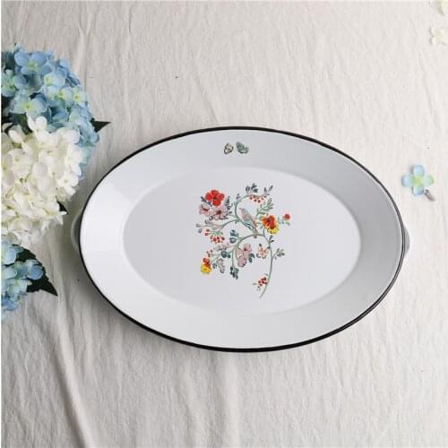 Nordic Pastoral Style Flower and Bird Story Oval Disk Binaural Tray Enamel Fruit Plate Enamel Dinner Plate