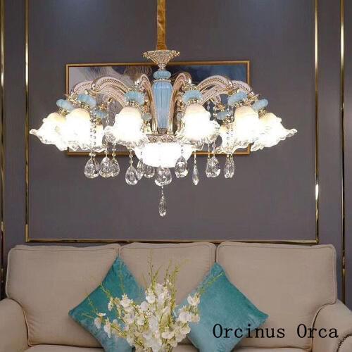 French idyllic Blue Crystal Chandelier living room dining room bedroom European romantic luxury LED ceramic Chandelier