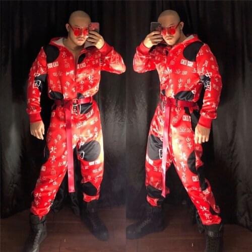 Chinese letters Printed jumpsuits Costumes Nightclub Male DJ Singer Hip Hop Dance Outfit Stage show Club Party Wear