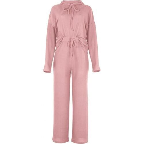 Women Autumn Long Sleeve Hoodie Wide Leg Pants Knitted Outfit Lounge Wear Set