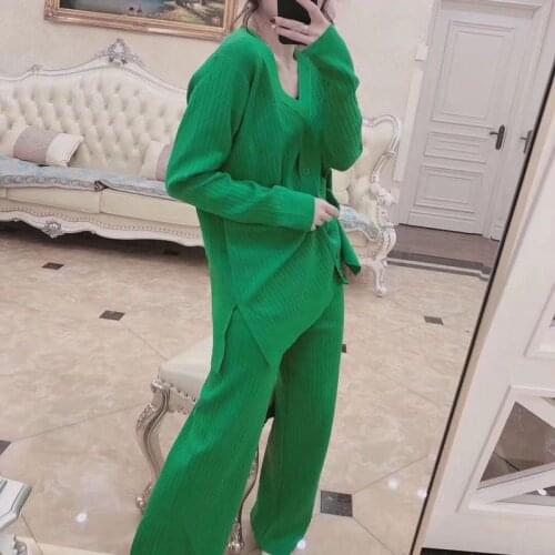 Spring Autumn Knitted Womens Tracksuit Ribbed V-neck Sweater Cardigan + Long Straight Wide Leg Pants Suit Female Two Piece Set