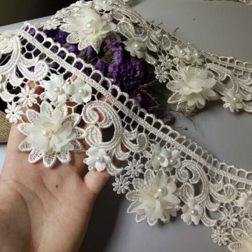 1 Yard Ivory 9cm Pearl 3D Flower Tassel Lace Trim Ribbon Fabric Embroidered Applique Sewing Craft Wedding Dress Clothes New