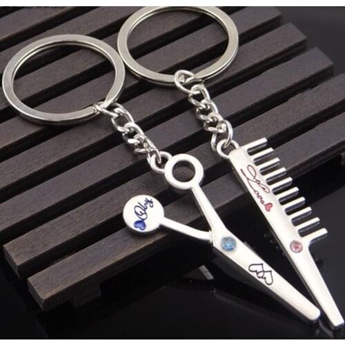 Metal Scissors Combs Crystal Couples Keychain Personality Car Phone Bags Key Pendant Valentines Day Present