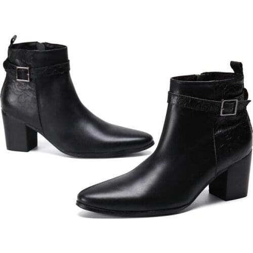 Autumn Winter High Heel Men Boots Quality Embossed Leather Chelsea Ankle Boots Trendy Pointed-Toe Warm Boots Height Increase 6CM