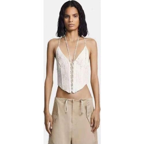 2021NEW spring and summer holiday style hand-woven bottoming vest, fish bone waist waist V-neck lace-up sling ladies top