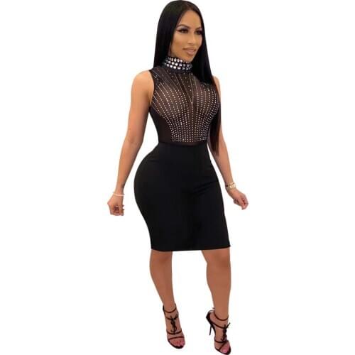 Sexy Diamond Mesh Patchwork Party Dress Women Turtleneck Sleeveless See Through Mini Dress Night Club Shiny Black Dress