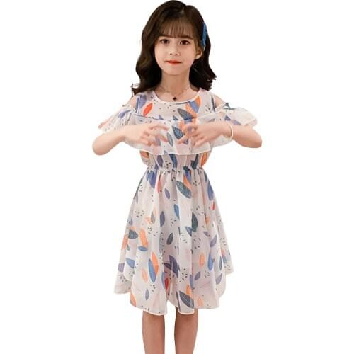 Dress Girl Floral Print Dresses For Girl Off Shoulder Child Dress Summer Childrens Clothing 6 8 10 12 14 Year