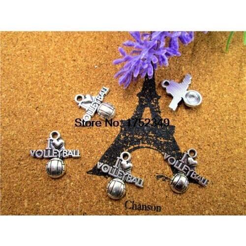 20pcs- I Love Volleyball Charms, Antique silver volleyball charm pendants, Jewelry Making 20X21mm