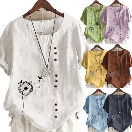 New Summer Womens Dandelion Printed Short Sleeve Round Neck T-shirt Ladies Casual Linen Shirt Plus Size Top S-5XL