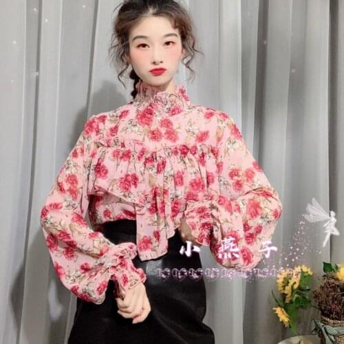 Bella philosophy 2020 spring Turtle Neck Blouse lady Lantern Sleeve Printed Shirt female Floral chiffon Tops Ruffled Blouses