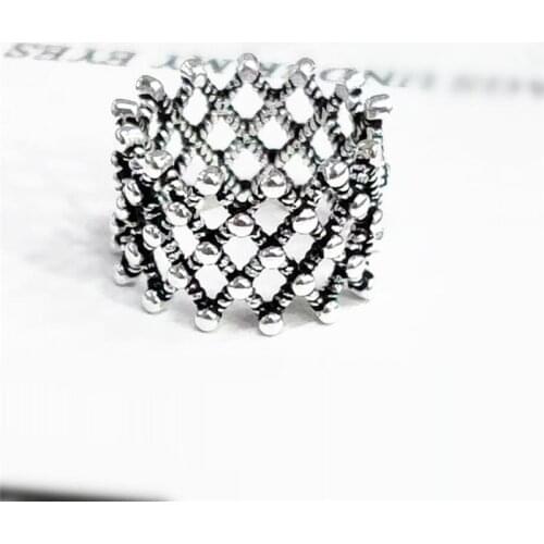 Sole Memory Creative Geometry Mesh Retro Thai Silver Hollow 925 Sterling Silver Female Resizable Opening Rings SRI402