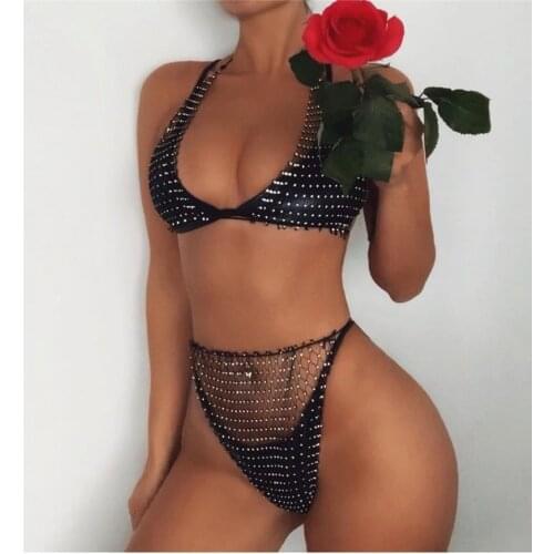 2 Pieces Bikini Sets Women 2021 Summer Sexy Mesh Diamonds Lingerie Sets Hollow Out Brassiere+ Bikini Panties Suits