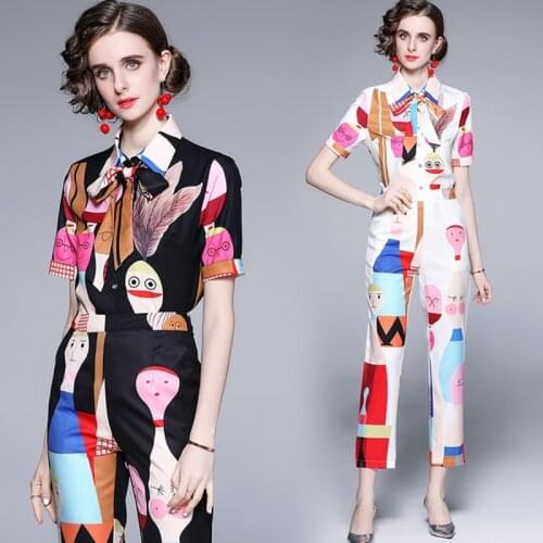 Summer Women Cartoon Graffiti Print Suit Office Bowknot Short Sleeve Shirt & High Waist Ankle-Length Pencil Pants 2 Pieces Set