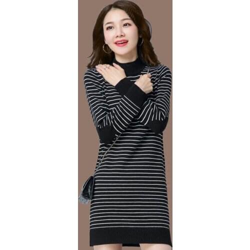 Warm stripe Long Sweater Dress Women 2020 Autumn Winter Knit Women Sweaters Turtleneck Pullovers Female Tricot Jumper Pull Femme
