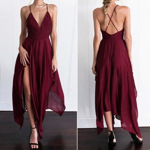 2021 Brand New Women Sexy Party Dress Spaghetti Strap V-neck Sleeveless Chiffon High Slit Irregular Mid Long Dress Vestidos