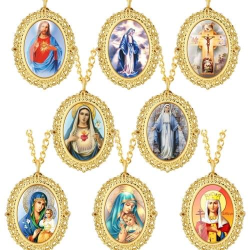Golden Oval Jesus Virgin Mary Pendant Necklace Watch Antique Quartz Pocket Clock Gift