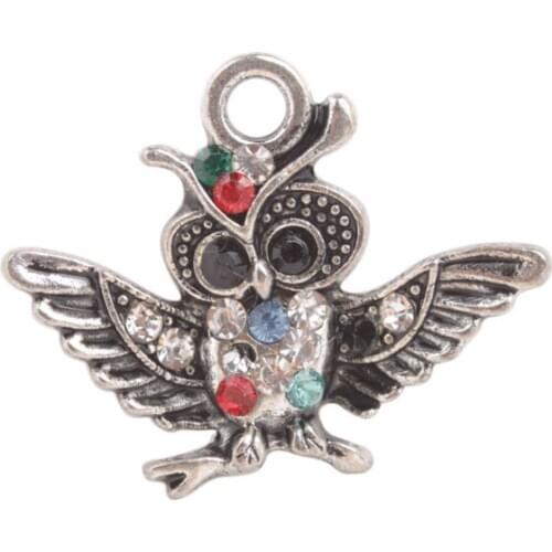 20PCS Antiqued Silver Color Colorful Rhinestone Owl Charm Pendants #92238