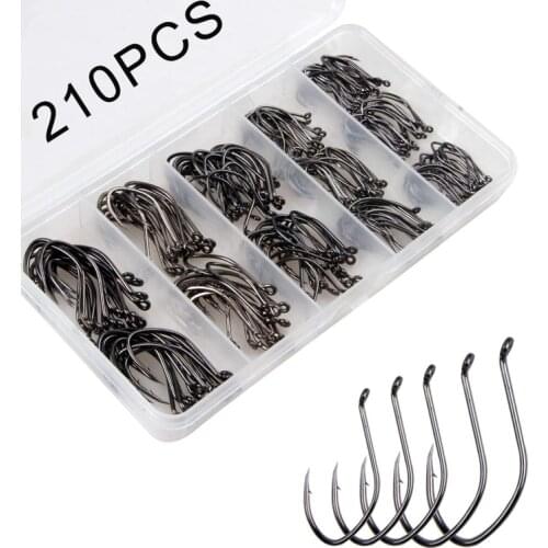 210Pcs/Box High Carbon Steel Fishing Hooks Set 2#-10# Catfish Bait Hooks barbed Offset Freshwater Saltwater Bass Fishhooks
