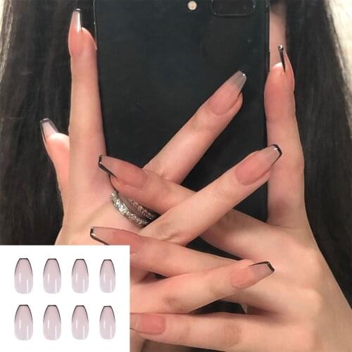 24Pcs/Set Black Embellishment French False Nails Artificial Full Cover Fake Nails Women Wearable Manicure Tool Accessories