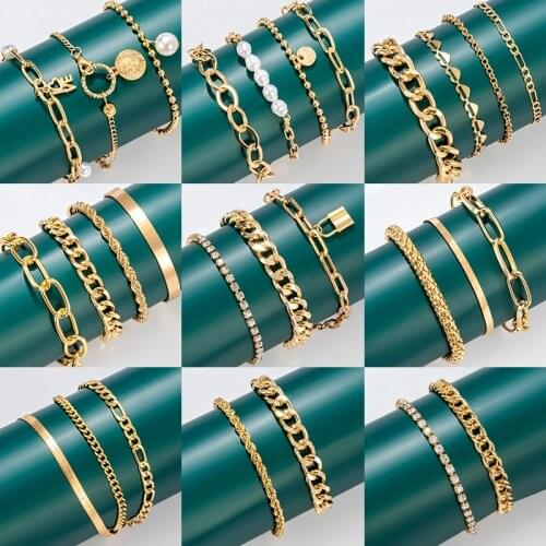 4 pcst Fashion Multilayer Bracelets Set for Women Charm Metal Thunder Link Chain Gold Braclets Mens Bracelets on Hand Jewelry