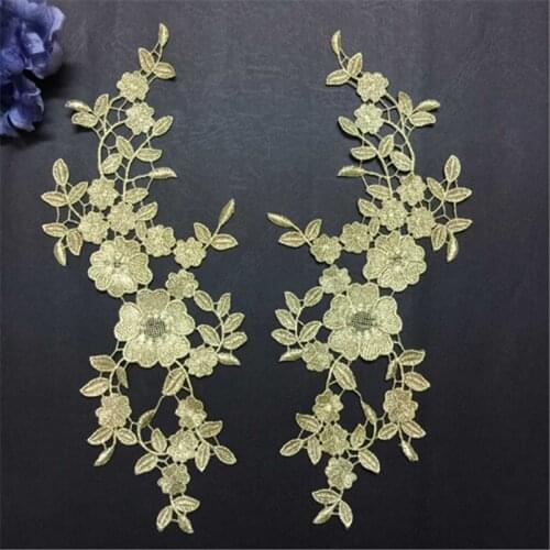 5Pairs 29.5X 13cm Gold Wedding Dess Floral Embroidery Sewing Patches Lace Applique Flower Trims DIY Craft BD0070