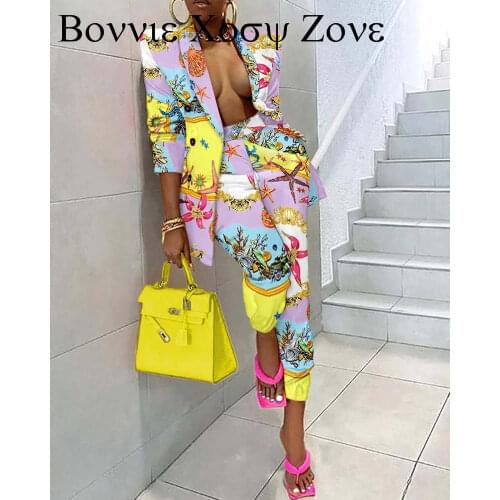 All Over Print Shawl Collar Buttoned Blazer & Pants Set Spring Autumn Turn Down Collar 2PCS Fashion Womens Workwear Jacket Suit