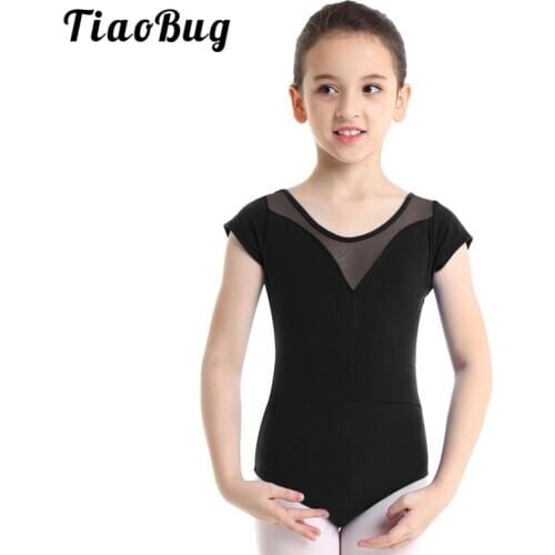 TiaoBug Kids Dancewear Short Sleeve Mesh Splice Ballet Gymnastics Leotard Girls Sports Romper Bodysuit Performance Dance Costume