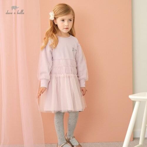 DKY18468 dave bella autumn girls fashion letter solid print draped dress children sweet dress kids infant lolita clothes