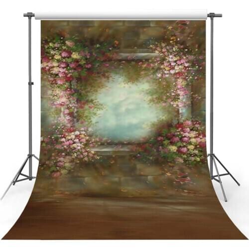 Mehofond Pink Flower Window Frame Photography Backdrop Vintage Painting Wall Newborn Baby Portrait Wedding Background Photophone