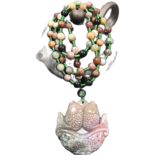 Exquisite (aquatic agate) hand carved Pisces pendant sweater chain
