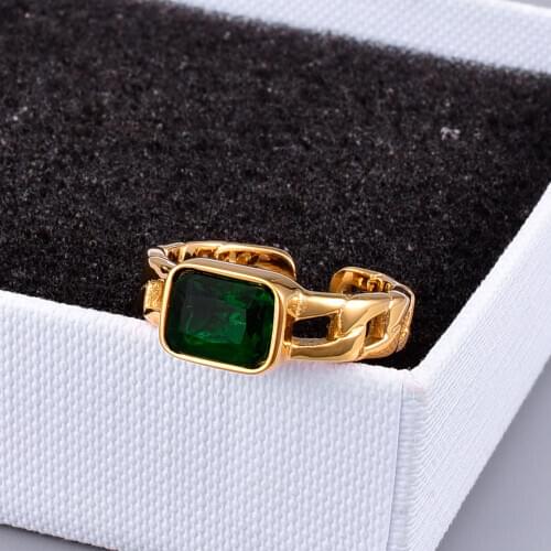 Open Size Hollow Braid Chain Square Emerald CZ Stone Finger Rings For Lady 2021 Vintage Minimalist Gold Rings For Women