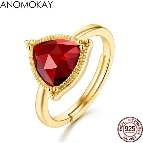 Anomokay Elegant Big Red Garnet 925 Silver Resizable Rings for Women Mom Lovers Vintage Gold Color Rings for Party Anniversary