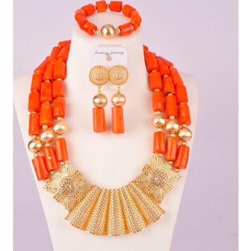 Fashionable nigerian orange coral necklace african wedding coral beads jewelry set for women C21-25-04