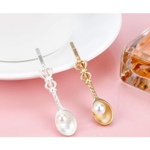 INS Fashion Style Hair Accessories Pearls Spoon Alloy Enamel Hair For Female Sweet Hairpins Clips