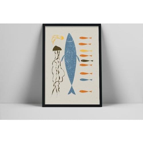 Nautical Wall Art, Fish and Jelyfish Poster, Navy Blue Sea Art Print, Abstract Blue Fish, Contemporary Wall Art
