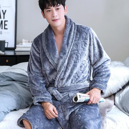 H5950 Men Thick Robes Coral Velvet Fall Winter Bathrobe Male Large Size Long Sleeve Comfortable Soft Sleepwear Flannel Nightwear