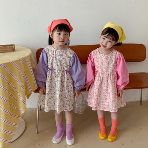 Autumn Korean childrens wear girls' color matching floral dress childrens bow Korean long sleeve princess dress