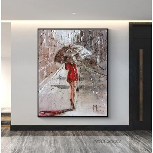 Hand Painted Modern impressist Artwork Girl in Raining Day Worth Keeping Thinkness Oil Painting On Canvas For Wall Decoration