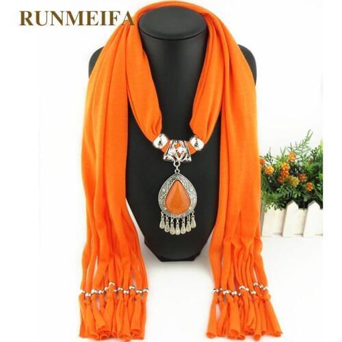 RUNMEIFA New Polyester Ceramic Beads Jewelry Necklace Solid Color Scarf With Water Alloy Pendant Tassel Scarf 180*40cm