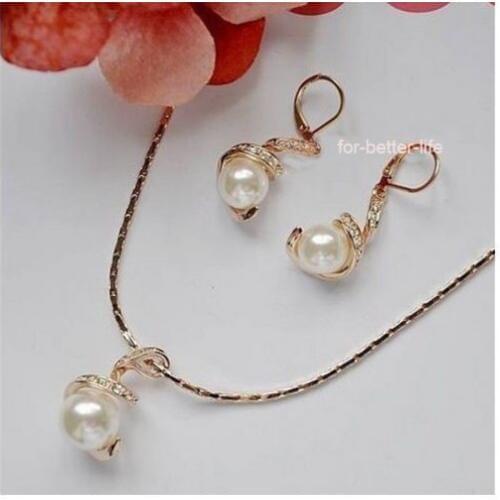 Prett Lovely Womens Wedding shipping> Rose GP Pearl Necklace Earrings SET Shipp AA1234 Ms. jewelry boucle new-jewelry
