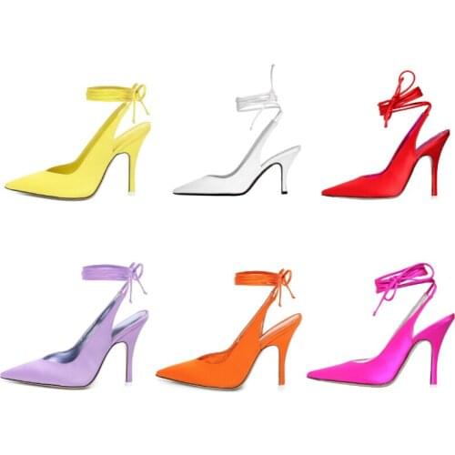 Lace Up Women Pointed Toe Sandals 16 Colors Silk Satin Sexy Stilettos High Heel Pumps Summer Strappy Ladies Wedding Party Shoes