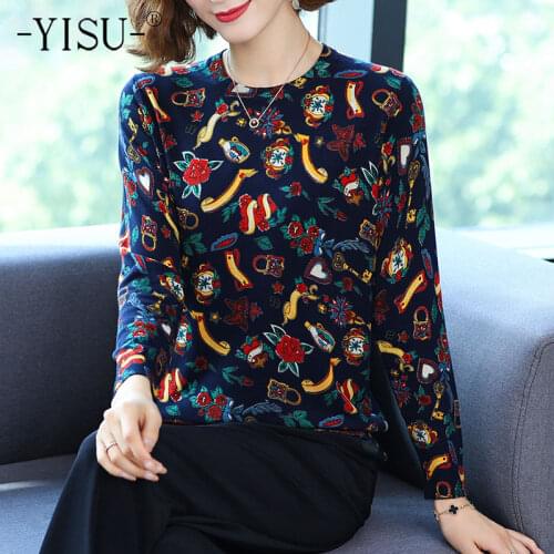 YISU 2021 Womens sweater O-Neck Fashion Printing Spring tops Long sleeves Jumper Female Casual Loose Wool Knitted pullove