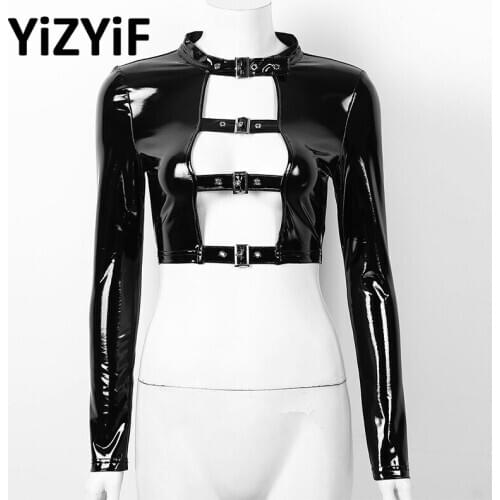 Womens Crop Tops Long Sleeves Wet Look Patent Leather Punk Gothic Clothes Hollow Out Sexy Crop Top Casual Party Club Costume