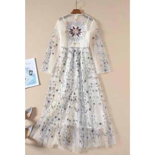 2021 Long Dress Spring Summer Dress Long Sleeve Empire Crew Neck Flora Print Fashion Dress Embroidery