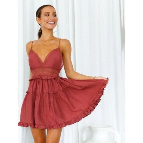 Ardm Sexy V Neck High Waist White Patchwork Lace Spaghetti Strap Dresses Women 2021 Backless Lace Up Ruffled Summer Mini Dress