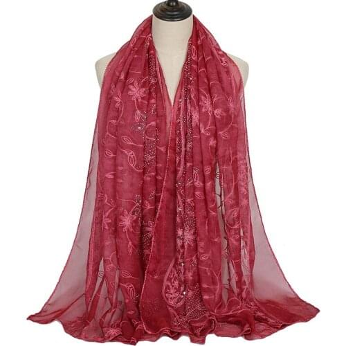 2020 Plain Embroidered Hijab Polyester Scarf Shawl Floral Rhinestone Scarves Solid Color Muslim Women Large Size Headband 10PCS