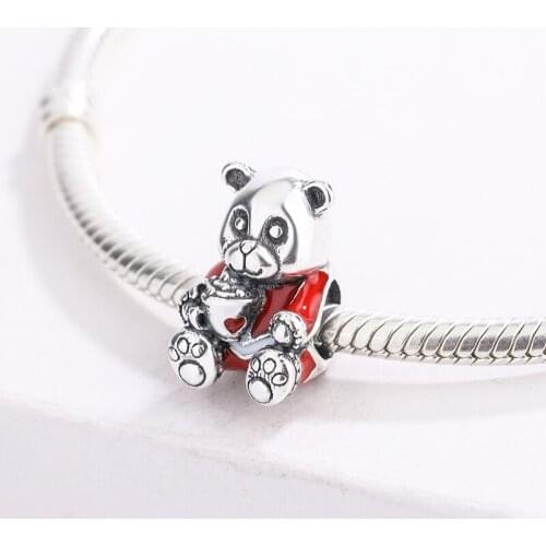 925 Sterling Silver Red Enamel Cartoon Animal Teddy Bear Pendant Charm Bracelet DIY Jewelry Making For Original Pandora