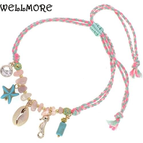 WELLMORE bohemia anklets for women Starfish shells stones Beach party charm ankle bracelet fashion foot jewelry wholesale