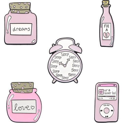 Pink Dream Love Perfume Bottle Metal Enamel Brooch Sleep Alarm Loser Music Player Badge Pin Fun Trendy Jewelry Accessories Gift